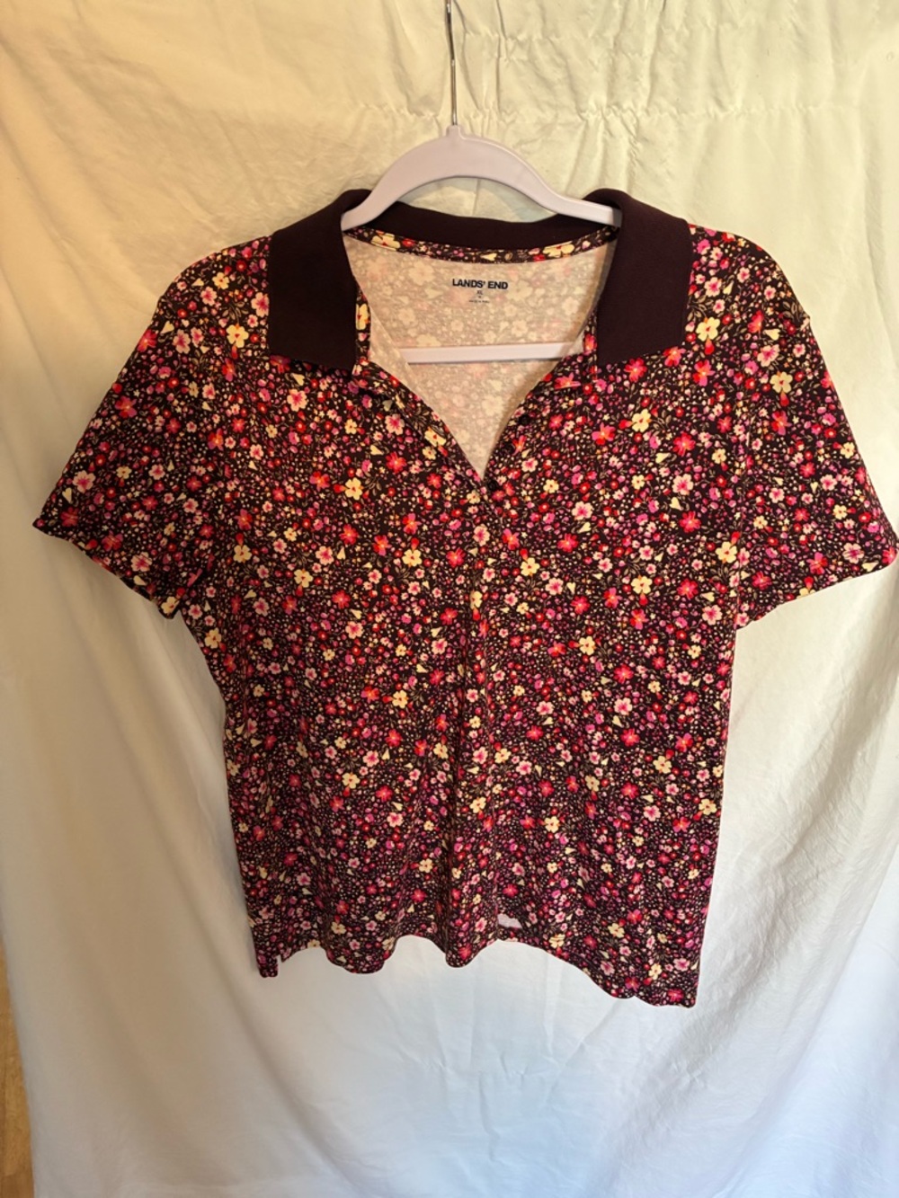 Lands' End Women's Floral Button-Down Polo - Brown with Pink & Cream Flowers